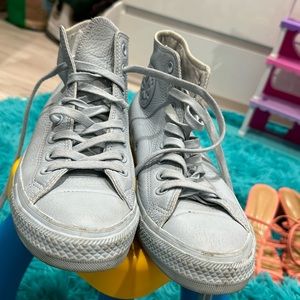 Baby blue leather Converse high tops